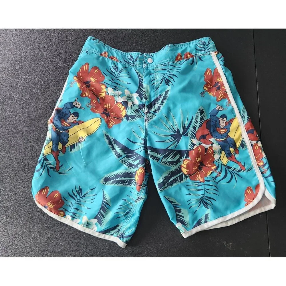 DC Superman Board Shorts Hawaiian Tropical Print Swim Trunks Mens‎ Small